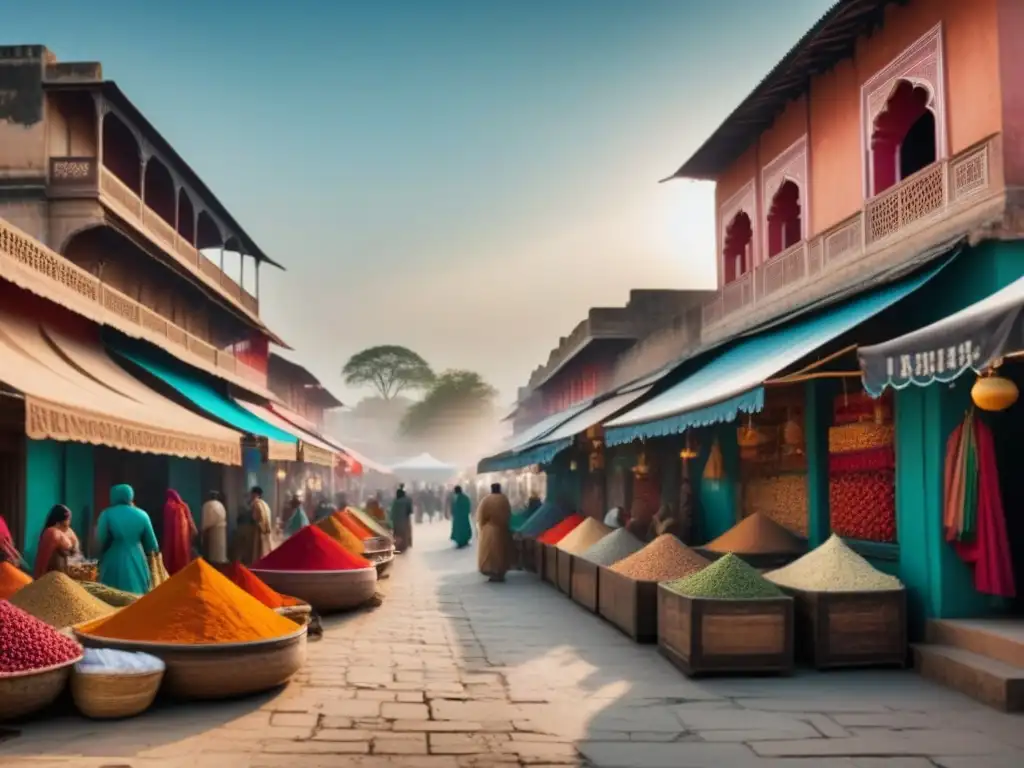 Un mercado bullicioso en Jaipur, India, con puestos llenos de especias, textiles y artesanías