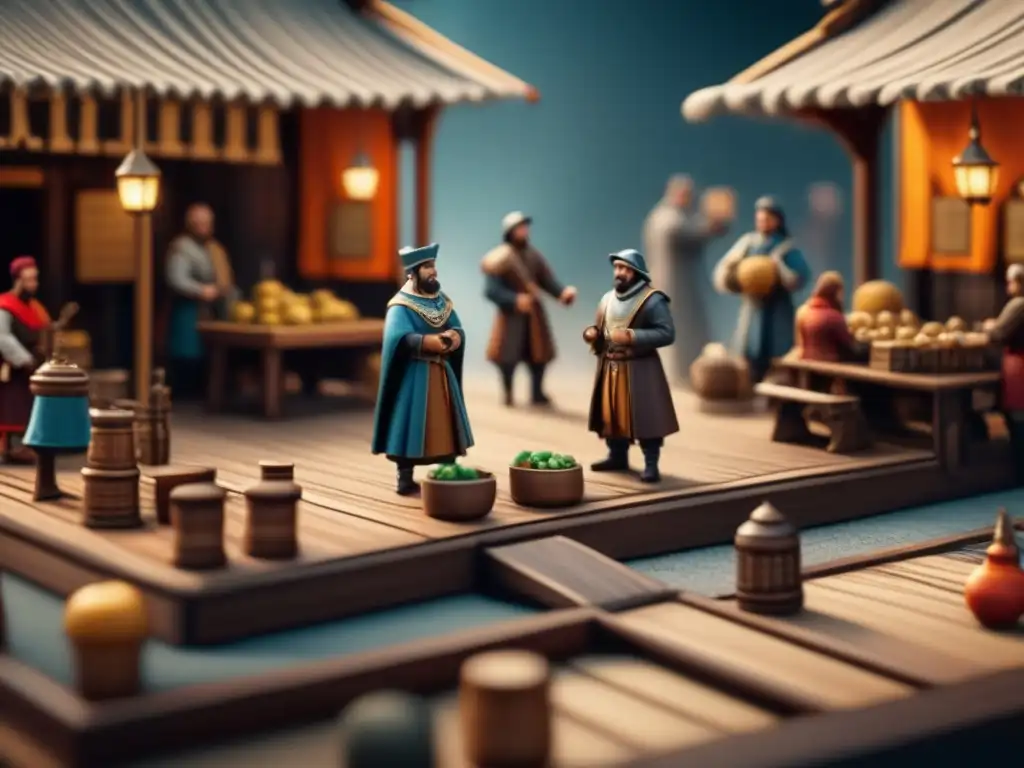 Un mercado medieval bullicioso en un detallado juego de mesa ilustrado