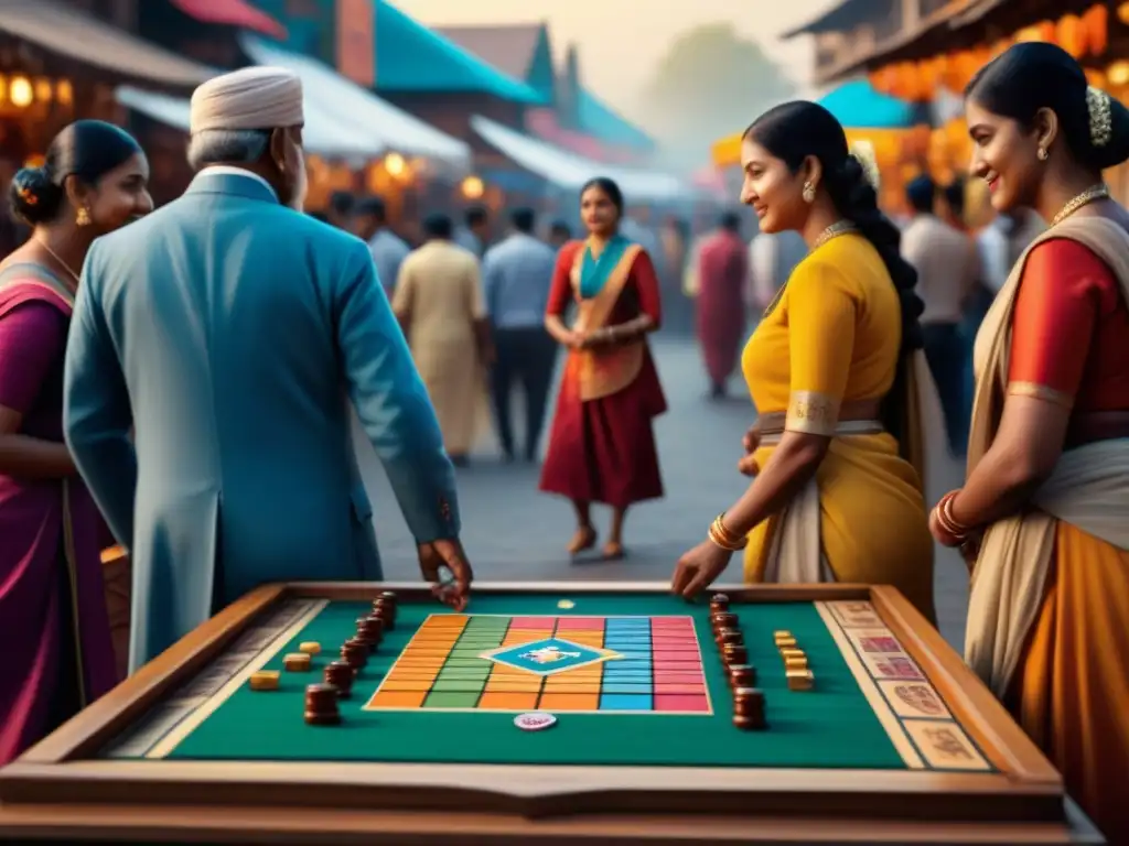 Mercado vibrante en la India con Pachisi juego emperadores India, gente diversa jugando y vendedores de tableros coloridos