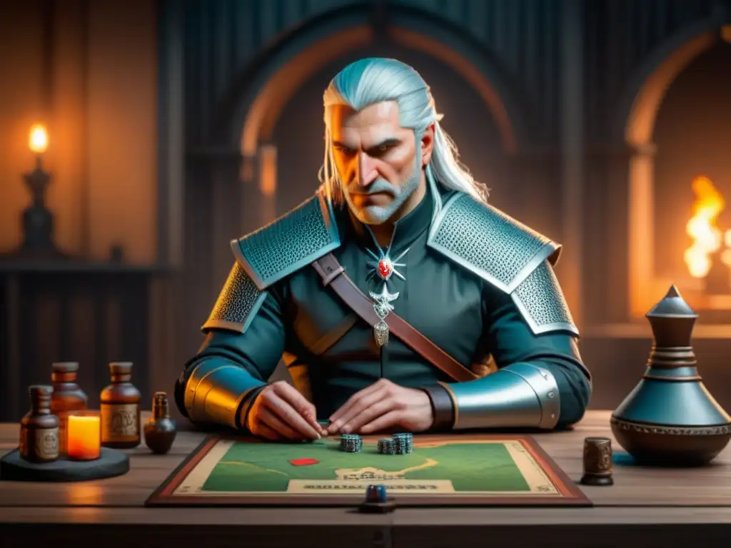 Merchandising exclusivo The Witcher: Detalle de juegos de mesa, cartas y figuras temáticas en un ambiente cálido y detallado