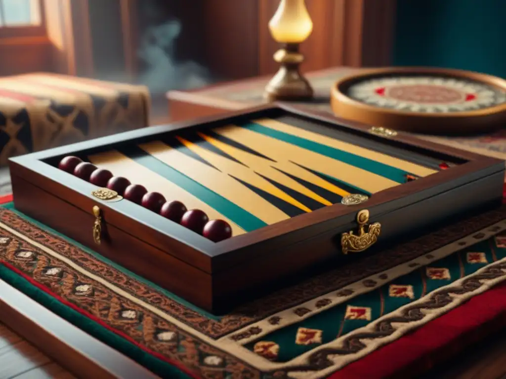 Una mesa de backgammon tallada en madera oscura con diseños persas, piezas coloridas y tapete persa