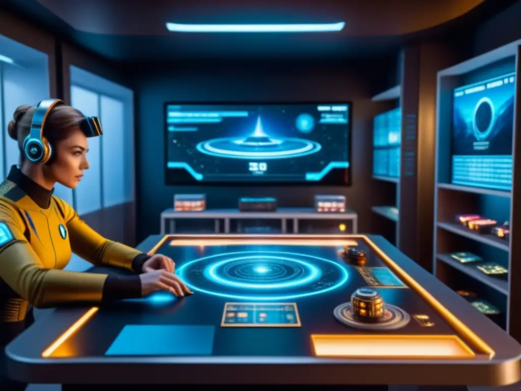 Una mesa de juegos futurista en una habitación tenue, rodeada de estantes repletos de juegos de mesa clásicos de ciencia ficción como Star Trek y Dune