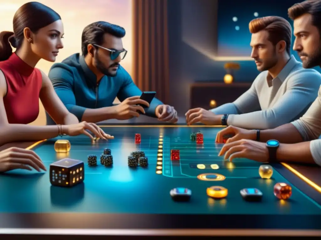 Una mesa de juego futurista con inteligencia artificial y personalización juegos de mesa IA, rodeada de jugadores entusiastas