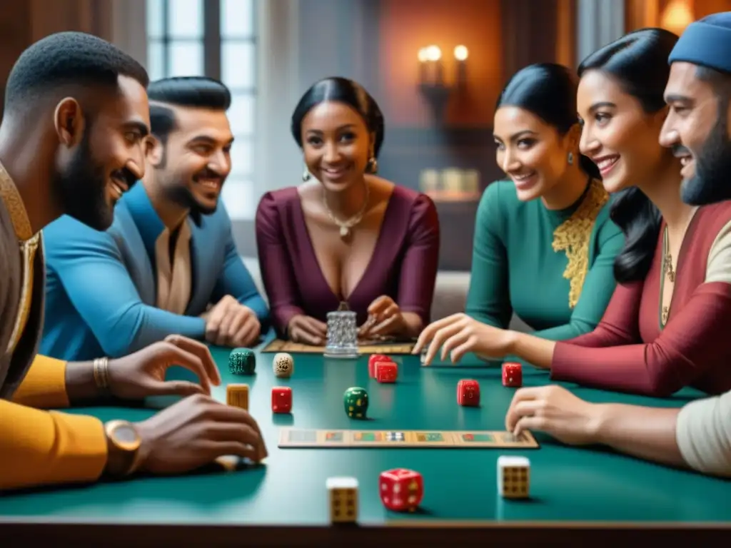 Juego de mesa multicultural: emoción y camaradería Una mesa de juego vibrante con diversidad cultural y emociones intensas