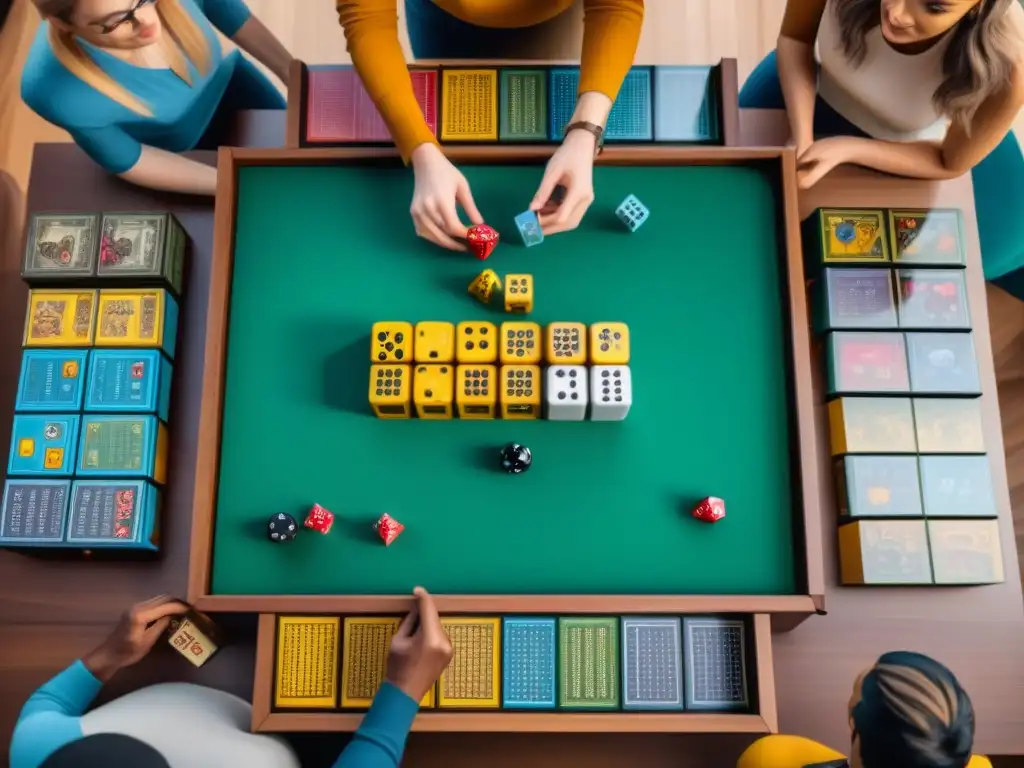 Diversión y comunidad en mesa de juegos de mesa Una mesa de juegos llena de diversidad y emoción, rodeada de jugadores concentrados