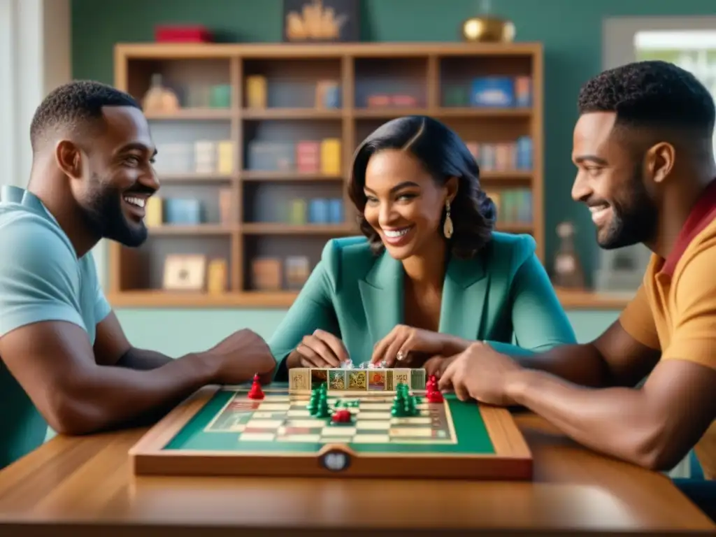 Una mesa llena de juegos de mesa y personas de distintas edades y orígenes sonrientes, disfrutando de una competencia amigable