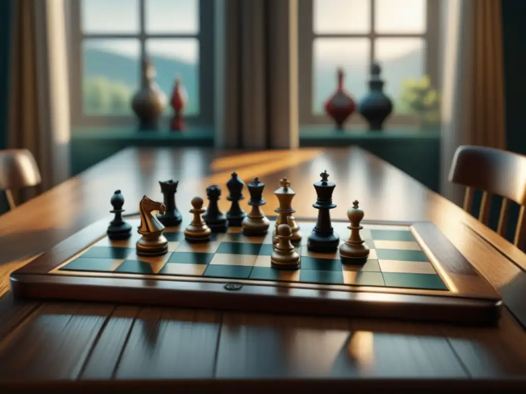 Una mesa de madera desgastada con juegos de mesa antiguos, iluminada por luz natural