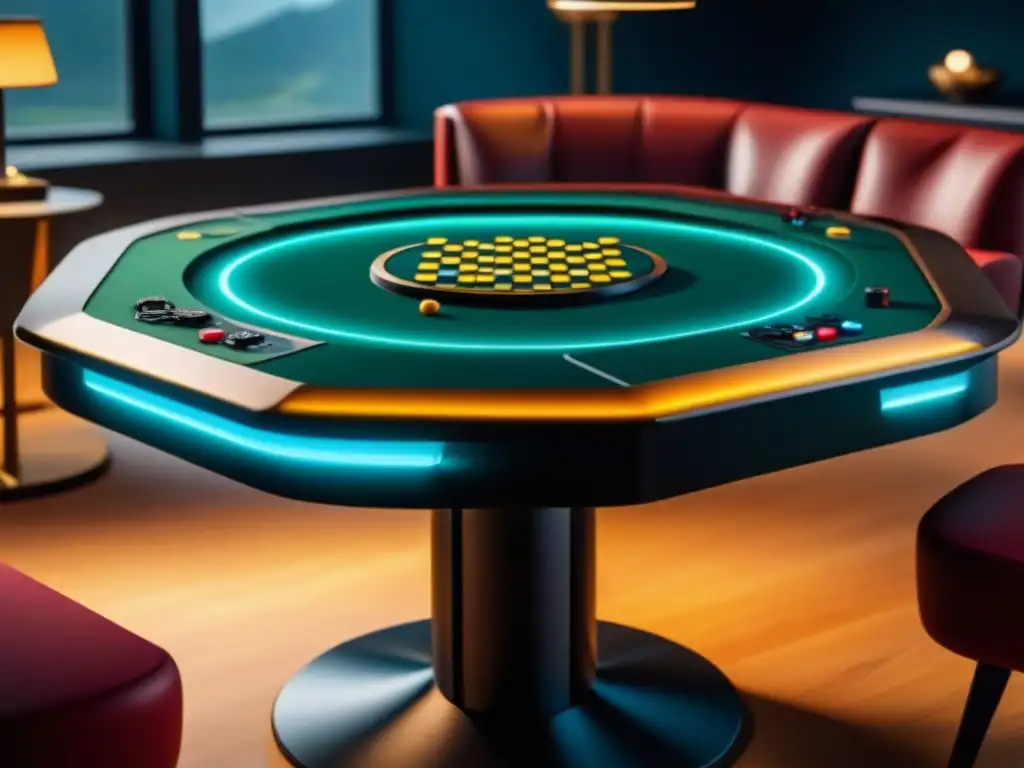 Una mesa de juegos moderna con iluminación integrada, destacando su diseño elegante y funcionalidad en un ambiente bien iluminado