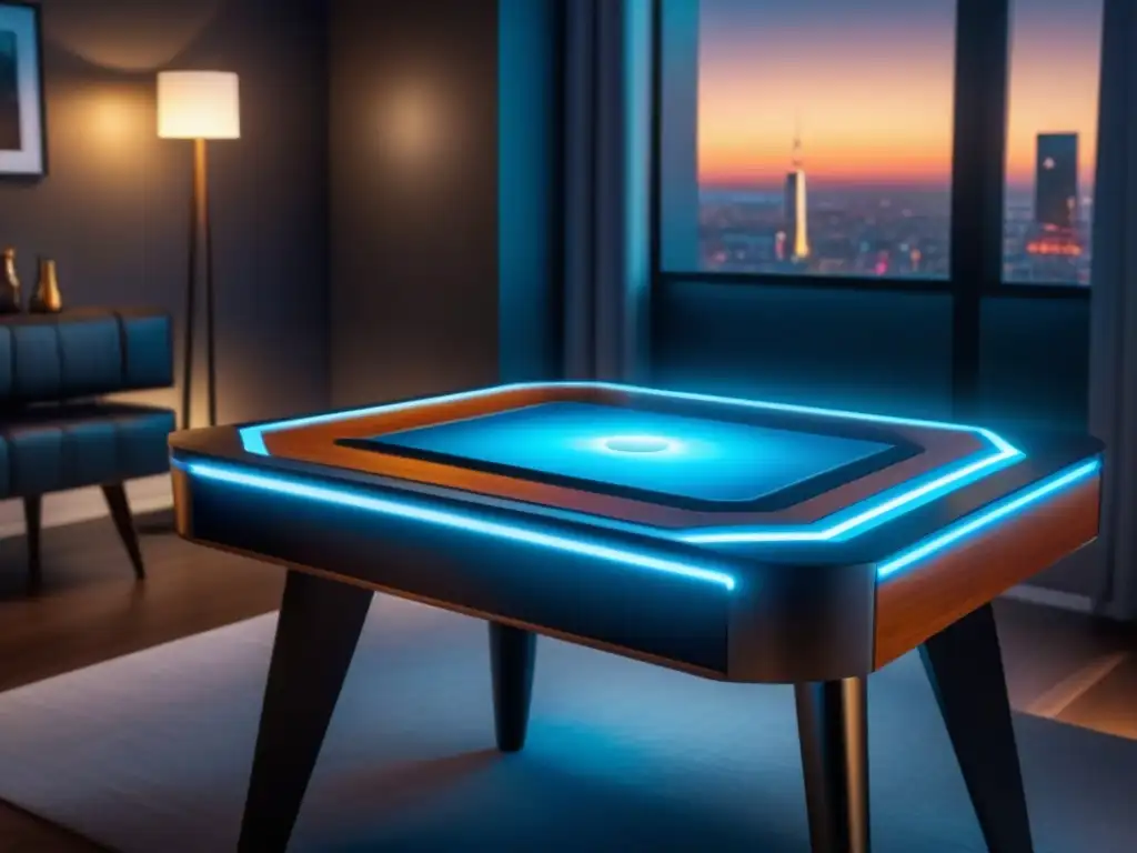 Una mesa de juegos moderna con iluminación integrada LED, creando un ambiente futurista y vibrante en una habitación tenue