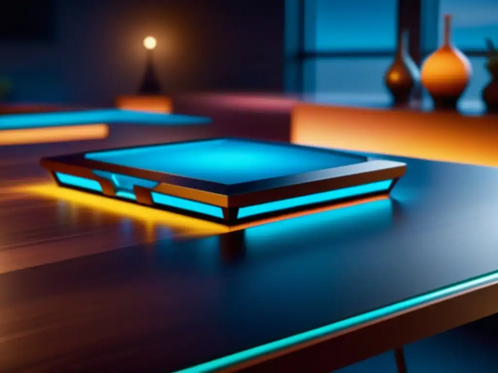 Una mesa de juegos moderna iluminada con luces LED integradas, resaltando su diseño intrincado