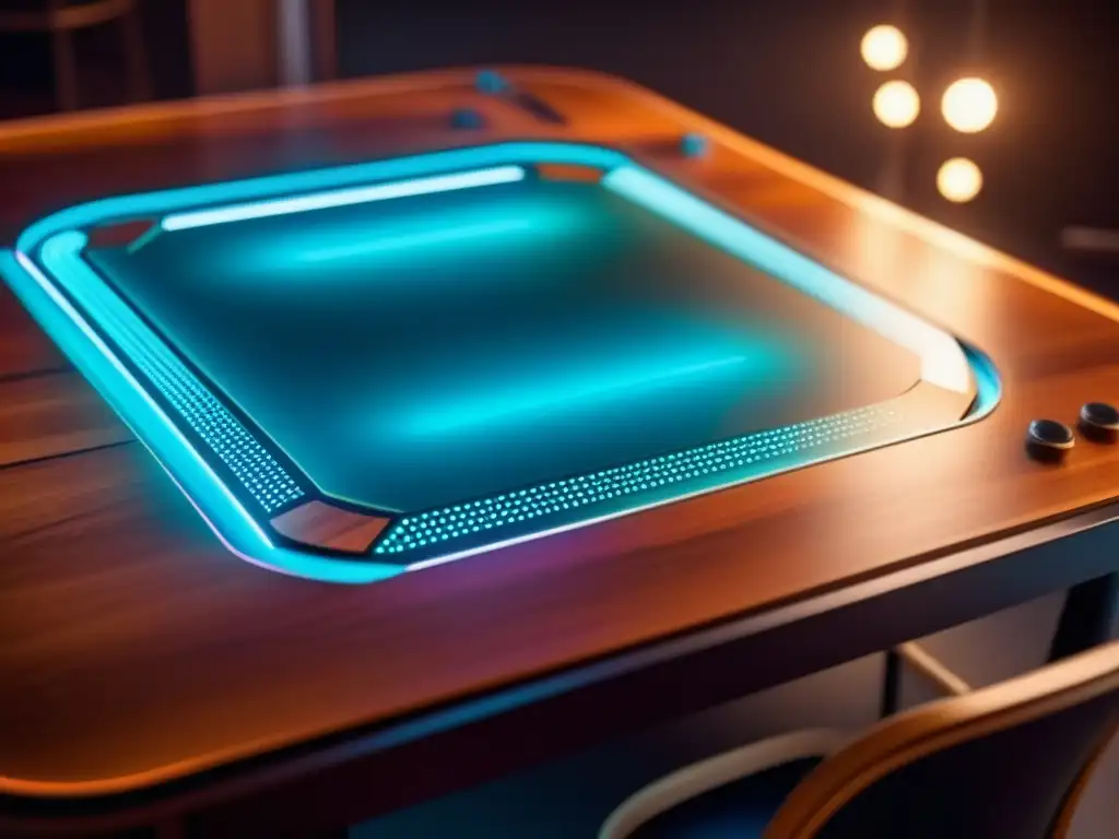 Una mesa de juegos moderna con iluminación integrada, vibrantes luces LED resaltan los juegos y controles