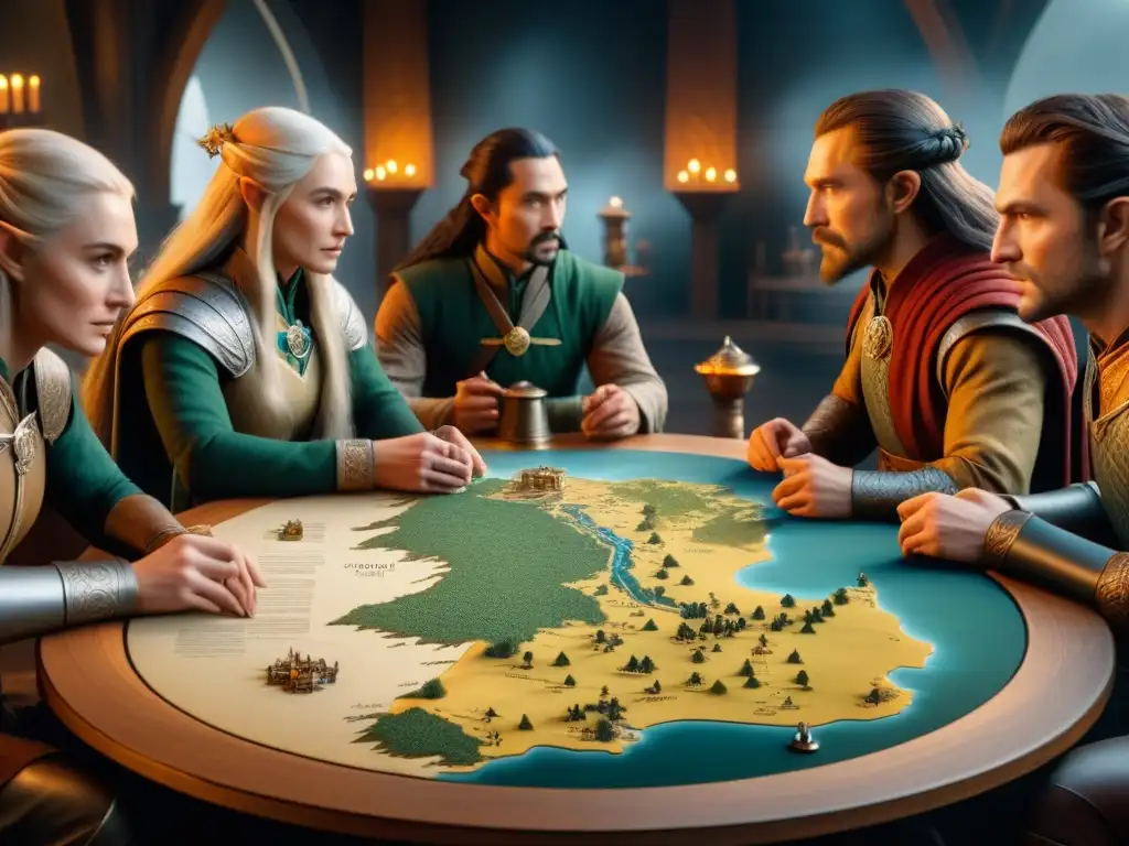 Una mesa redonda con un mapa de la Tierra Media rodeada de personajes vestidos al estilo de diferentes razas, inmersos en estrategias War of the Ring