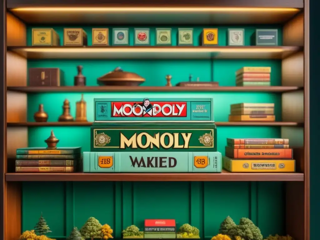 Colección de juegos de mesa valiosos en estanterías iluminadas, con títulos clásicos como Monopoly y Risk