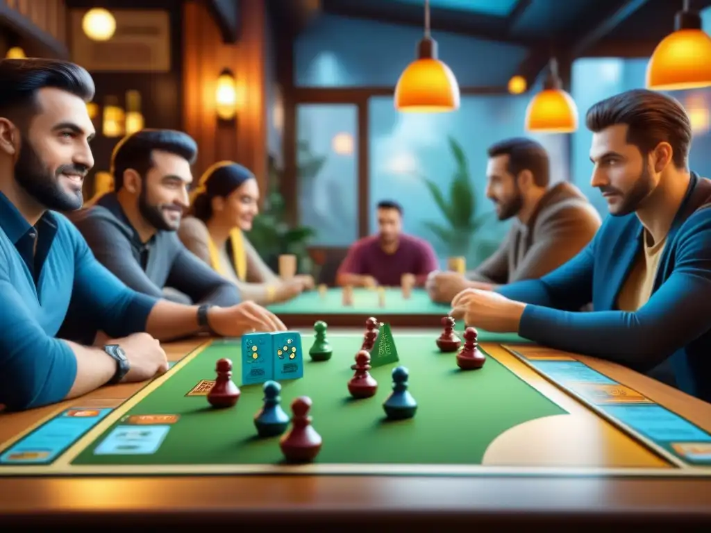 Transformación juegos de mesa en cafés: Escena vibrante en un café con jugadores disfrutando de variados juegos de mesa