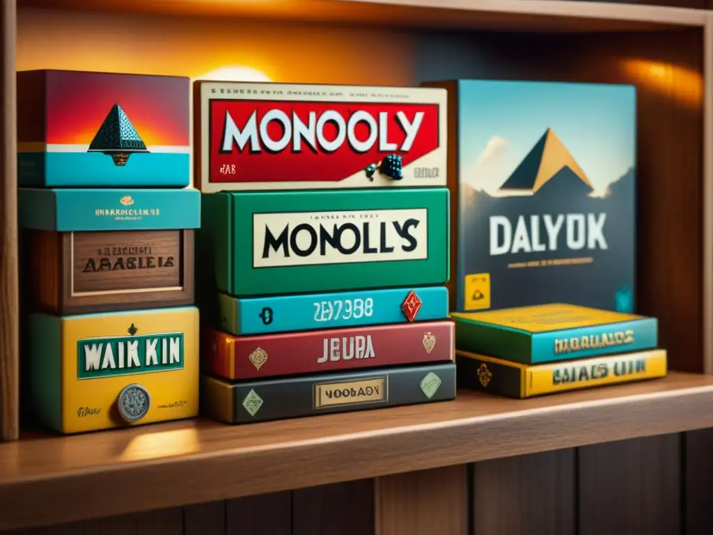 Colección de juegos de mesa vintage en estantes de madera, con títulos icónicos desgastados como Monopoly, Scrabble y Risk