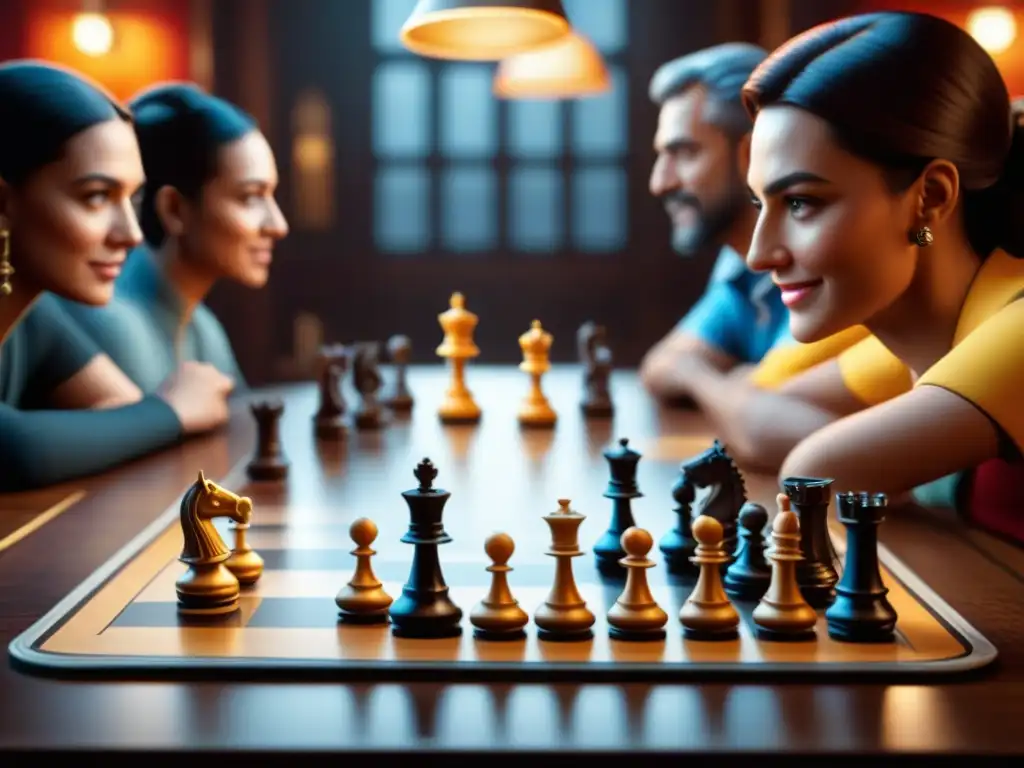 Diversión en familia: Juegos de mesa clásicos y modernos en acción Una mezcla de juegos de mesa clásicos y modernos en una mesa de madera, con jugadores de diversas edades y fondos disfrutando juntos