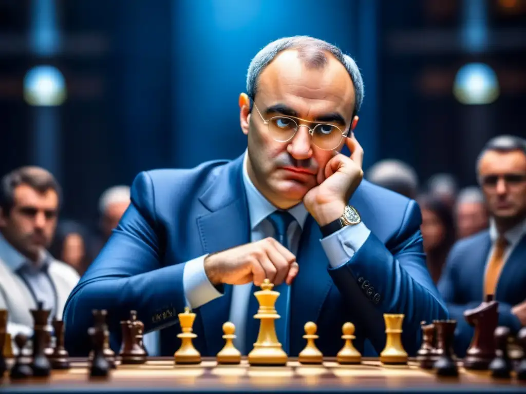 La mirada intensa de Garry Kasparov en pleno juego de ajedrez, reflejando tensión y enfoque