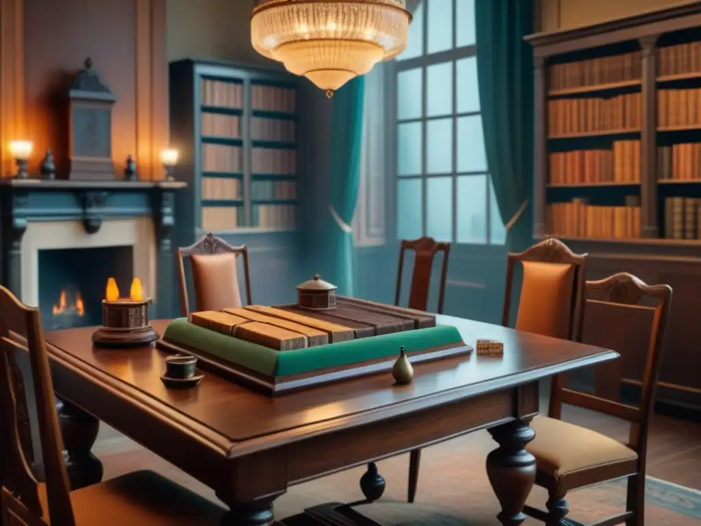 Un misterioso juego de Clue en una sala de estudio victoriana iluminada débilmente, con muebles antiguos y libros polvorientos