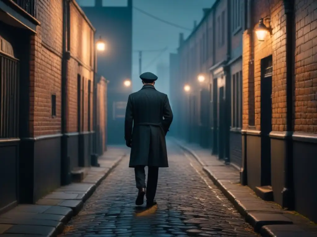 Un misterioso personaje en un callejón de Birmingham, evocando el mundo de los Peaky Blinders