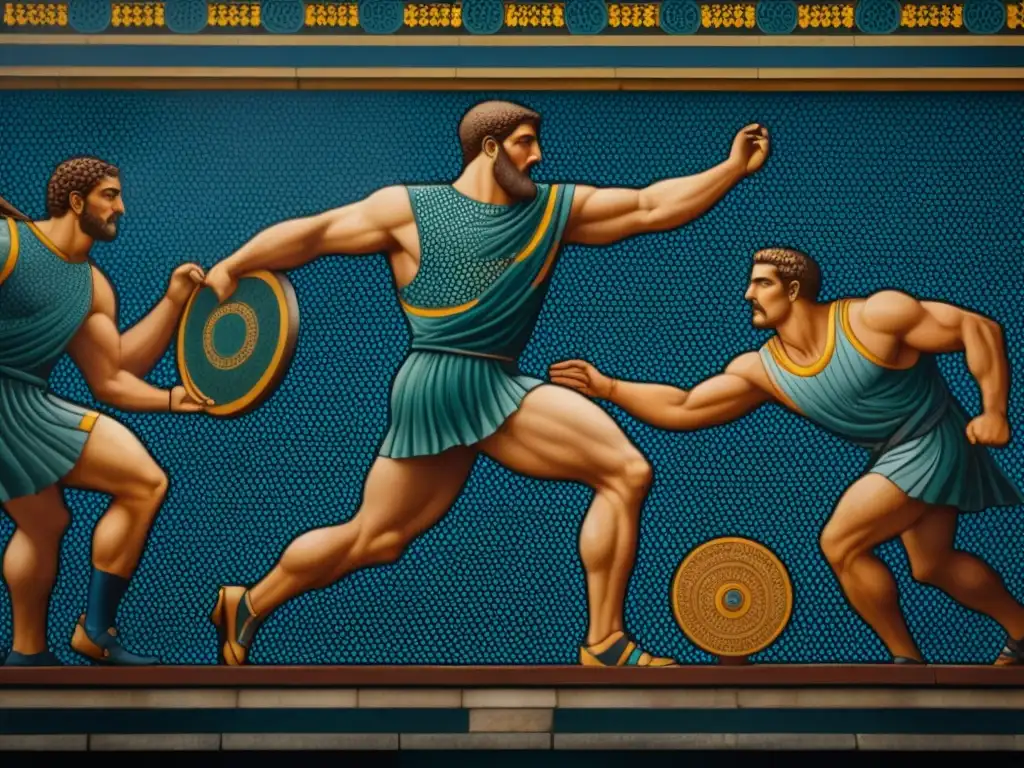 Mosaico detallado de atletas griegos compitiendo en los Juegos de mesa antiguos historia en el Templo de Zeus en Olimpia