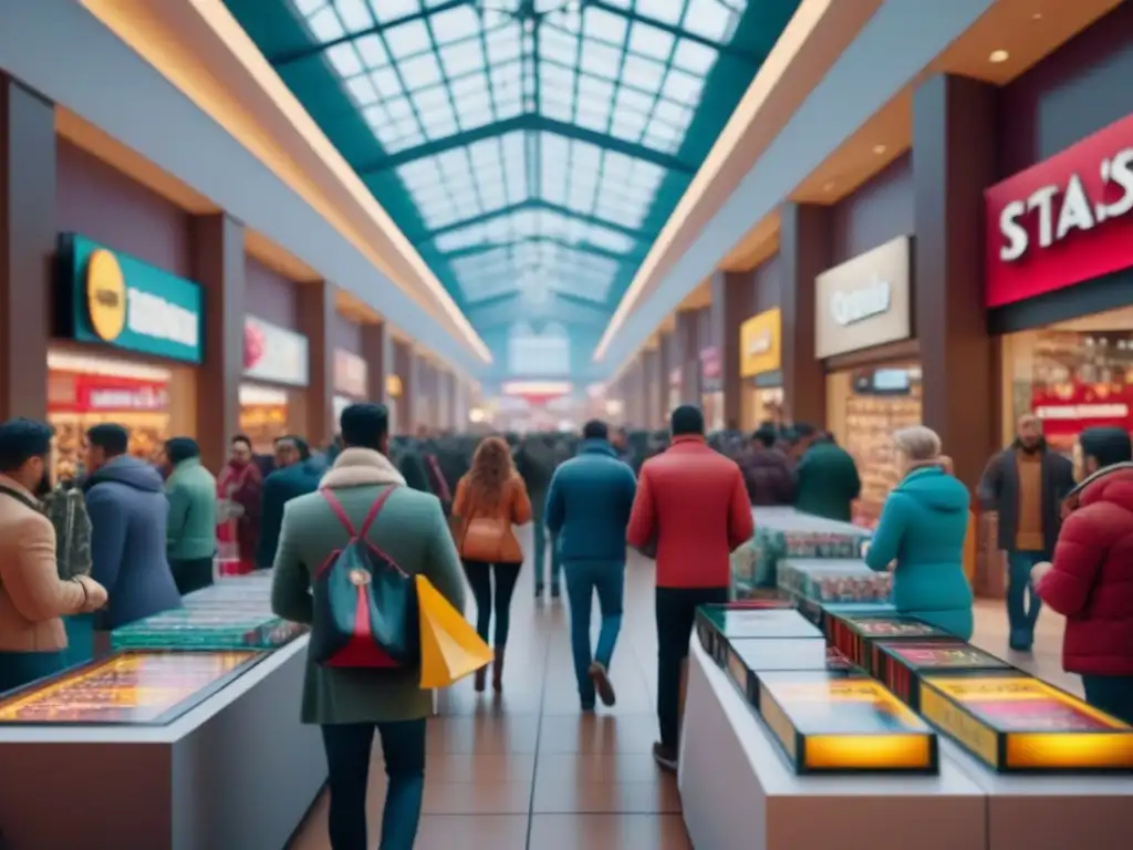 Multitud en centro comercial durante Black Friday, comprando juegos de mesa en oferta