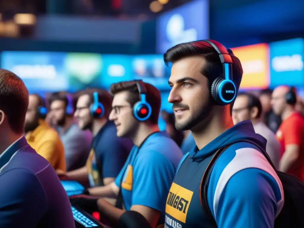 Multitud gamer vibrante en expo: diversión y comunidad Una multitud diversa de jugadores entusiastas de todas las edades y orígenes participando en juegos de video en una exposición de juegos