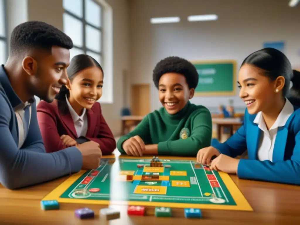 Niños en aula iluminada disfrutan de juego de mesa educativo de matemáticas, fomentando aprendizaje interactivo