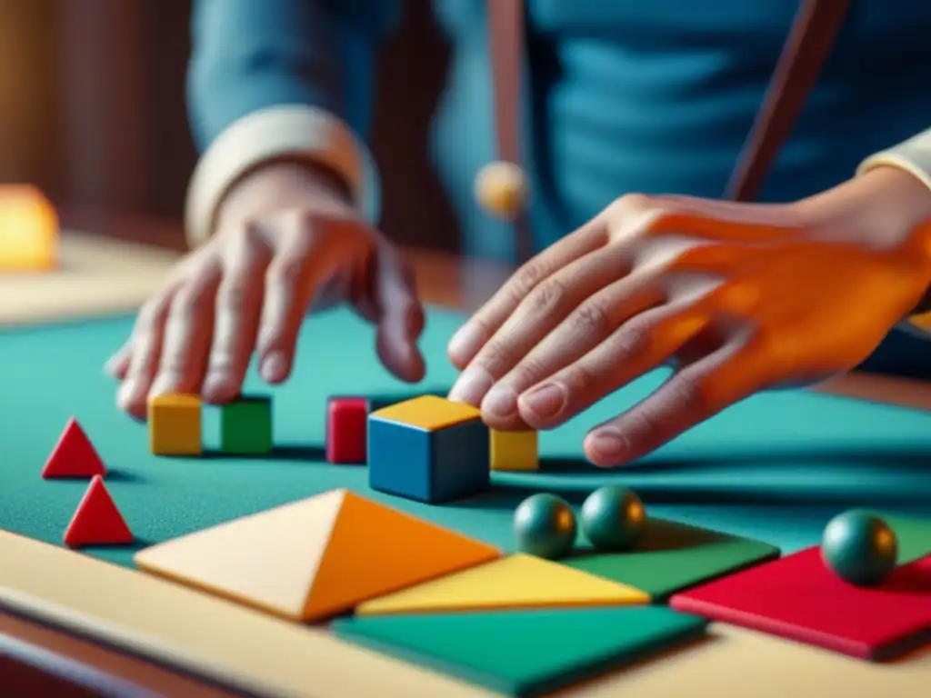 Niños explorando bloques y formas en juego de mesa educativo matemático, con manos ávidas y rostros borrosos de fondo