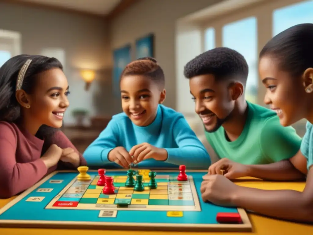 Niños concentrados y emocionados juegan un colorido juego de mesa, fomentando el desarrollo cognitivo