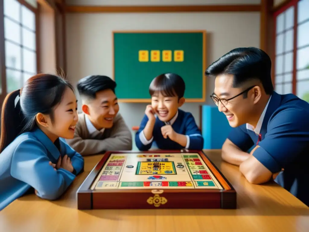 Niños concentrados y emocionados en juego de mesa coreano educativo, mientras maestro observa con orgullo