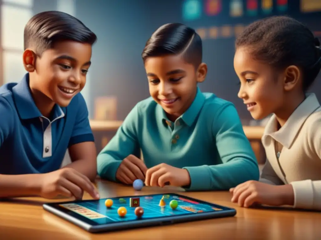 Diversos niños concentrados y emocionados jugando a juegos de mesa educativos online en tabletas en aula luminosa