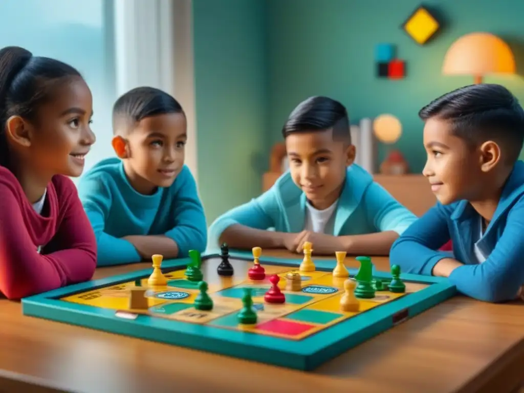 Niños concentrados y emocionados jugando 'Catan Junior' en un ambiente educativo con juguetes y libros