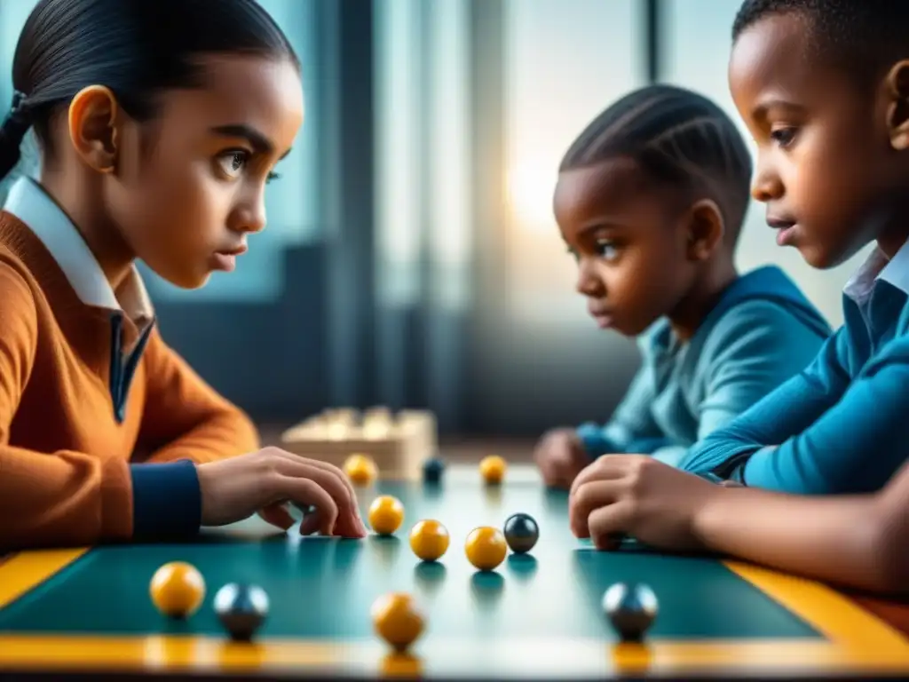 Niños concentrados en juego de mesa estratégico, reflejando beneficios juegos de mesa concentración