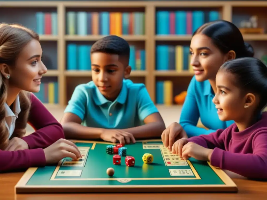 Niños concentrados en un juego de mesa educativo, rodeados de diversión y aprendizaje