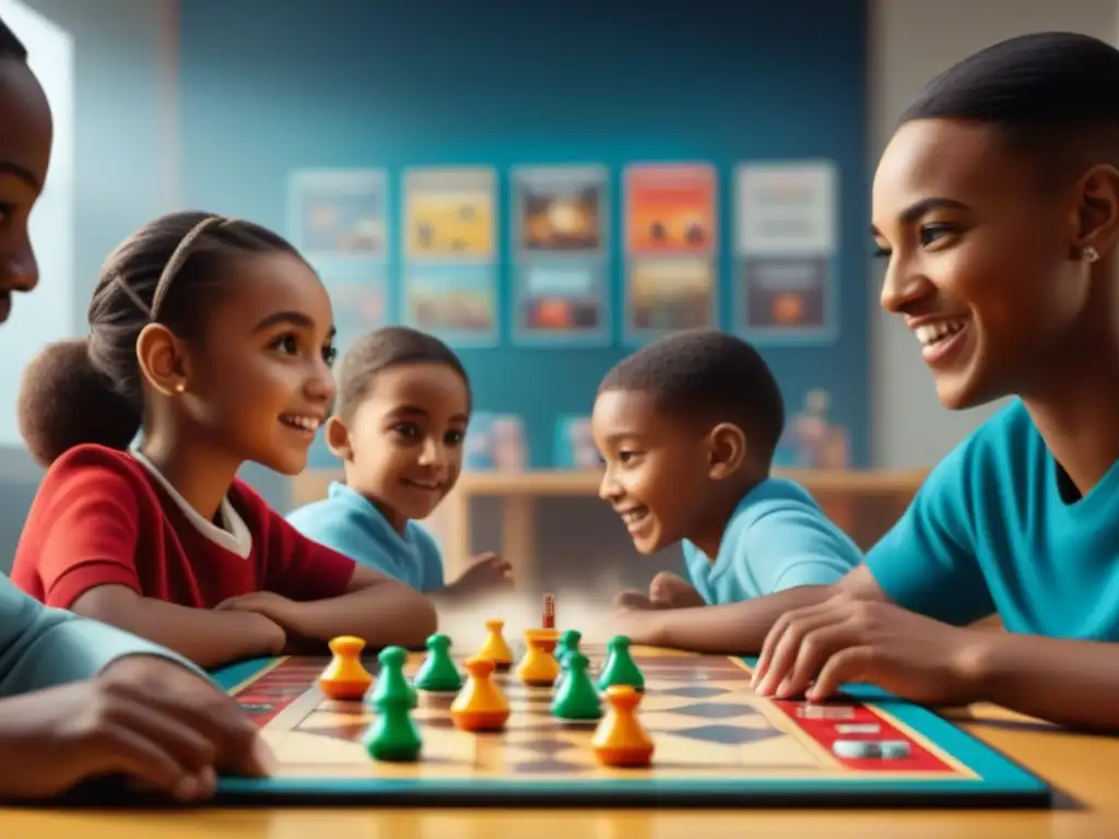 Niños concentrados jugando juegos de mesa en aula luminosa con carteles de desarrollo de habilidades motoras