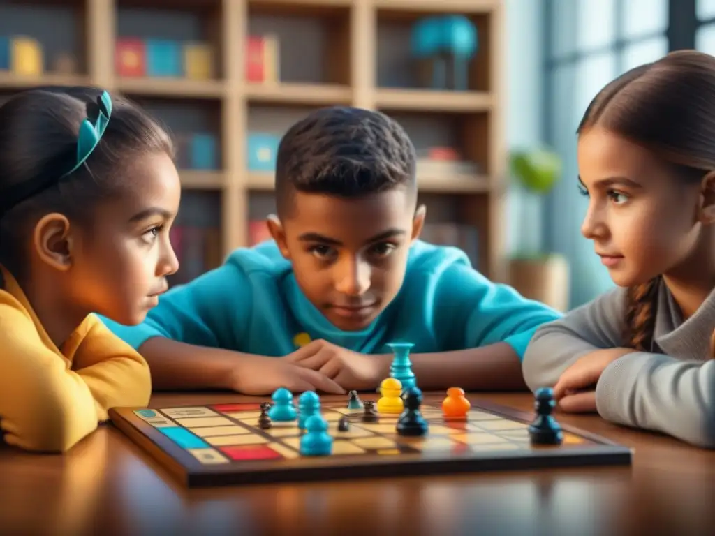 Niños concentrados jugando juegos de mesa, fomentando desarrollo cognitivo y diversión