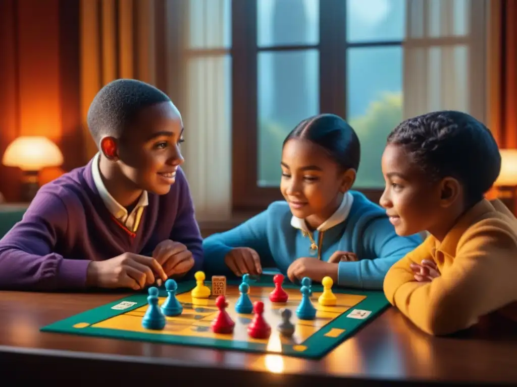 Niños concentrados en juegos de mesa cooperativos estrategias, sumergidos en diversión y trabajo en equipo bajo la luz del sol