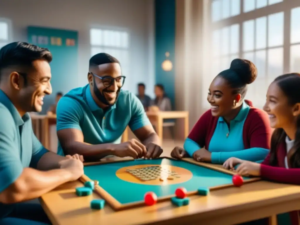 Niños con discapacidades diversas disfrutan juntos juegos de mesa educativos en aula inclusiva