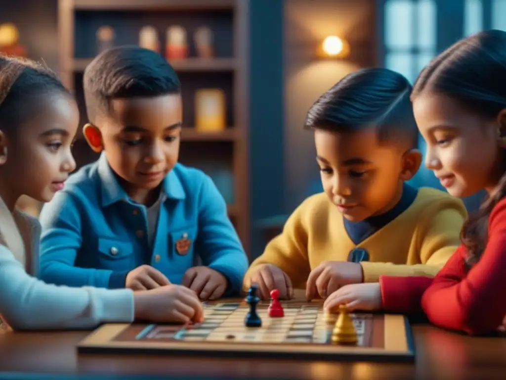 Niños diversas juegan juegos de mesa con concentración y alegría