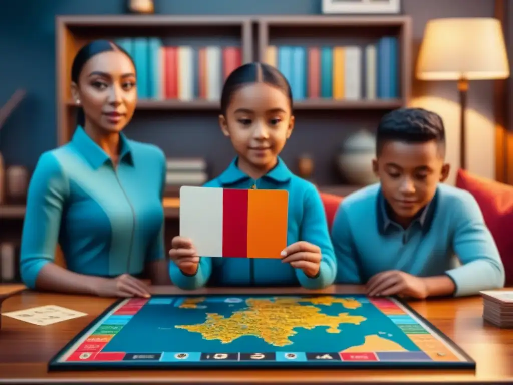 Niños diversas juegan en mesa con banderas y mapamundi, rodeados de libros y carteles educativos