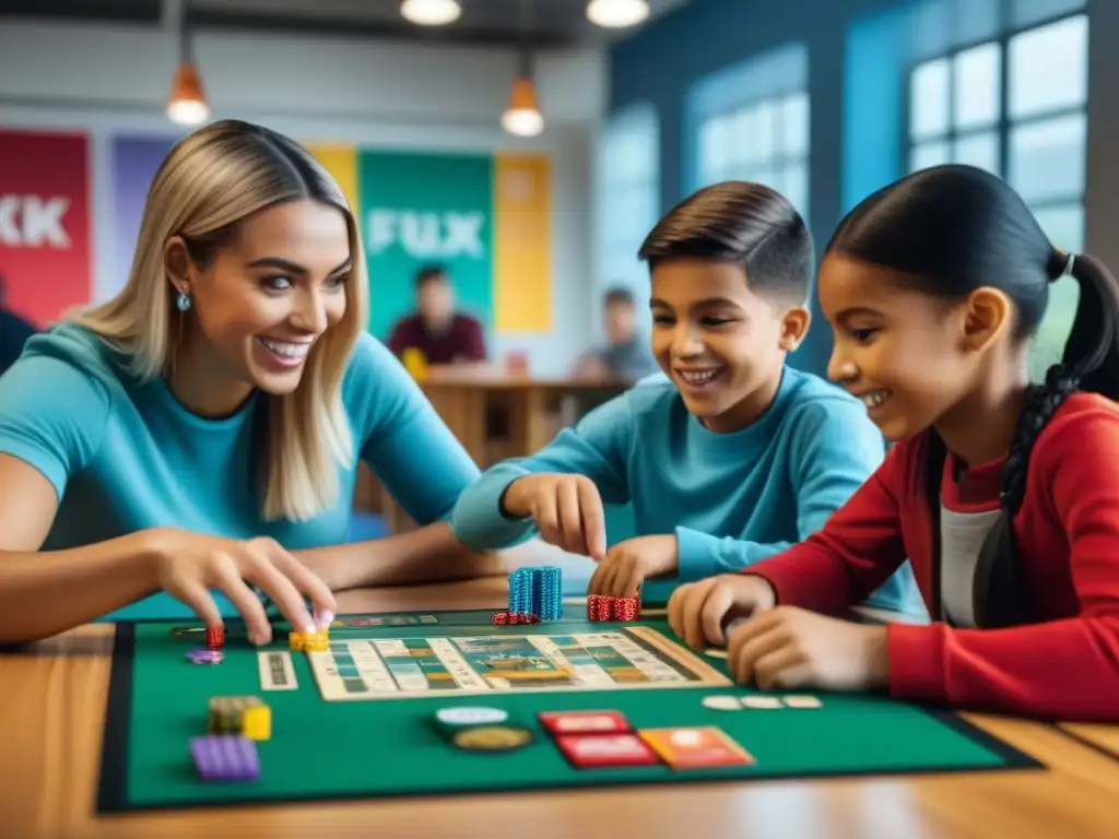 Niños con diversidad funcional disfrutan de un juego de mesa adaptado en un centro educativo, destacando la importancia de los juegos de mesa motores