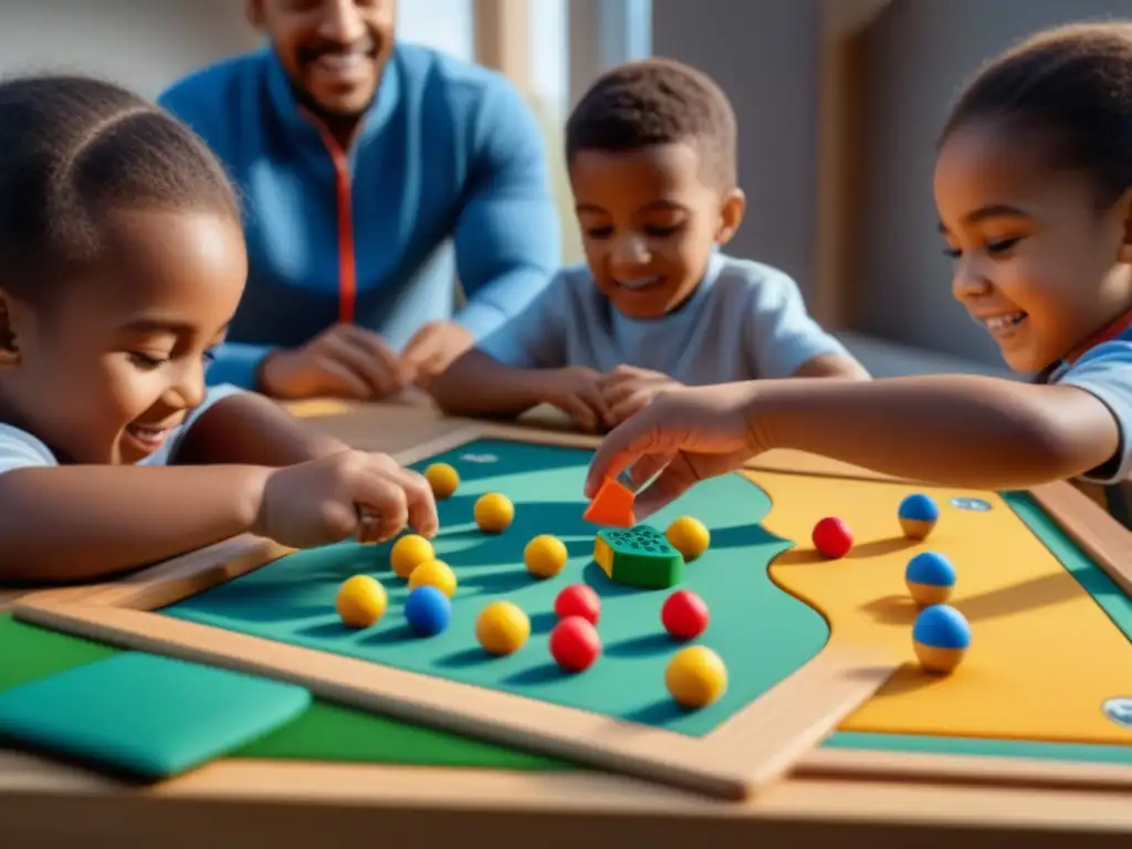 Niños diversos disfrutan de beneficios juegos táctiles mesa, concentrados y emocionados al interactuar con piezas