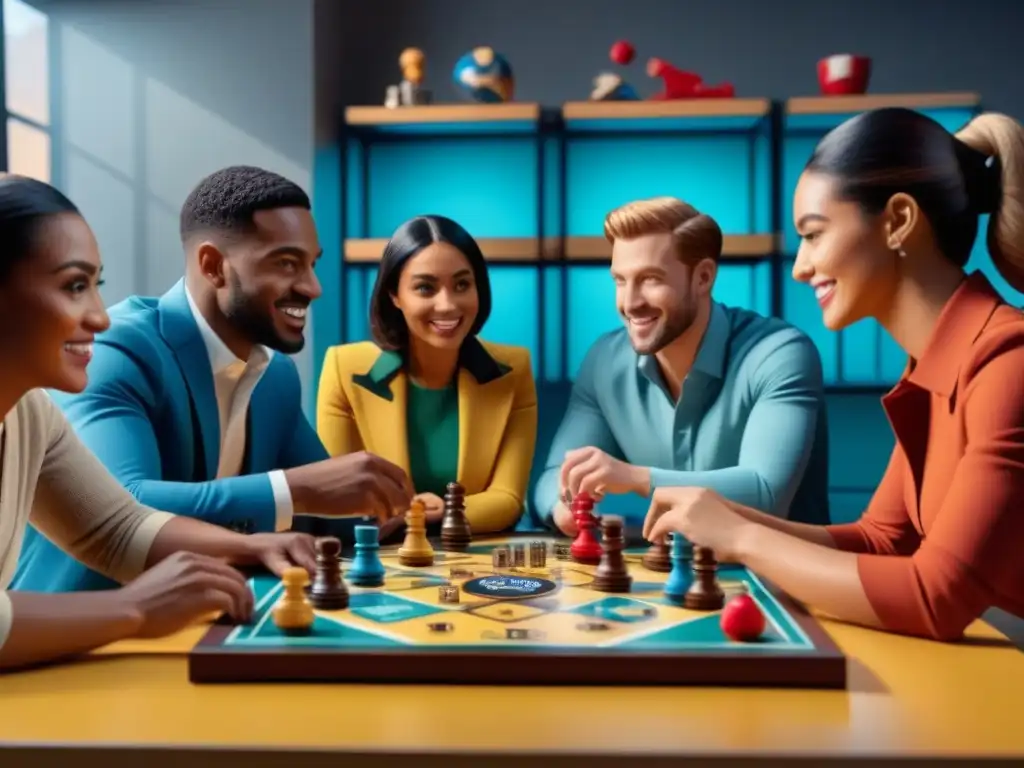 Niños diversos mejorando habilidades sociales con juegos de mesa en un ambiente vibrante y acogedor