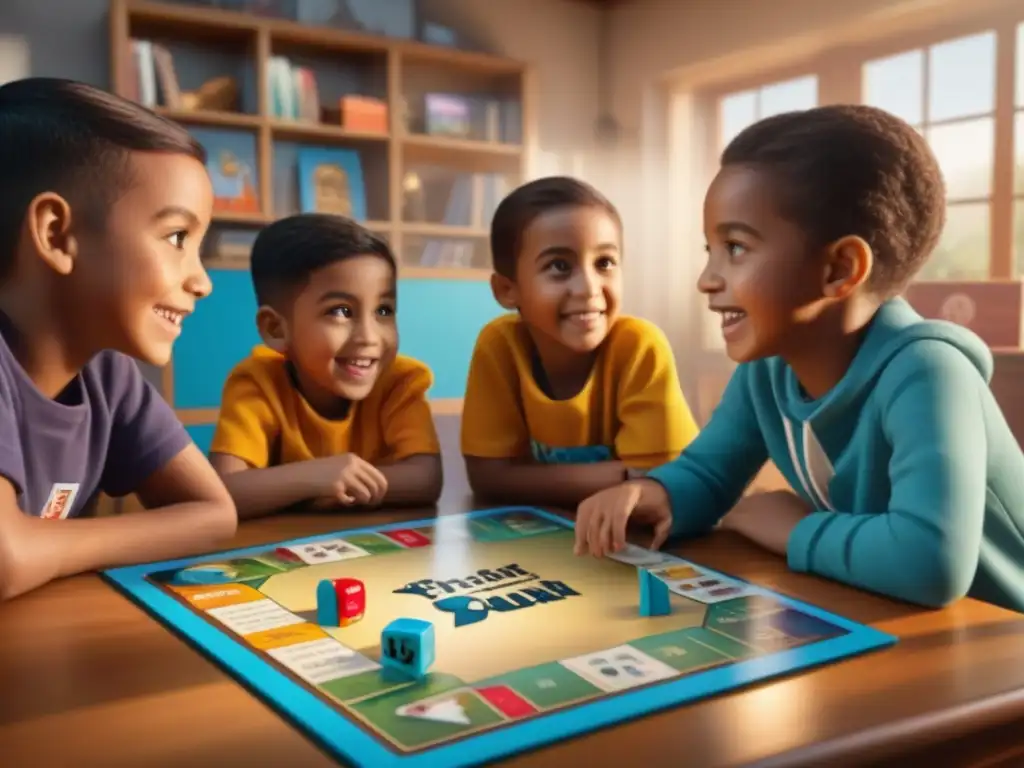 Niños diversos disfrutan de un juego educativo colorido, fomentando el aprendizaje