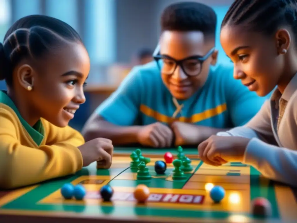 Niños diversos disfrutan de juego de mesa en aula inclusiva, mostrando Inclusión educativa juegos de mesa