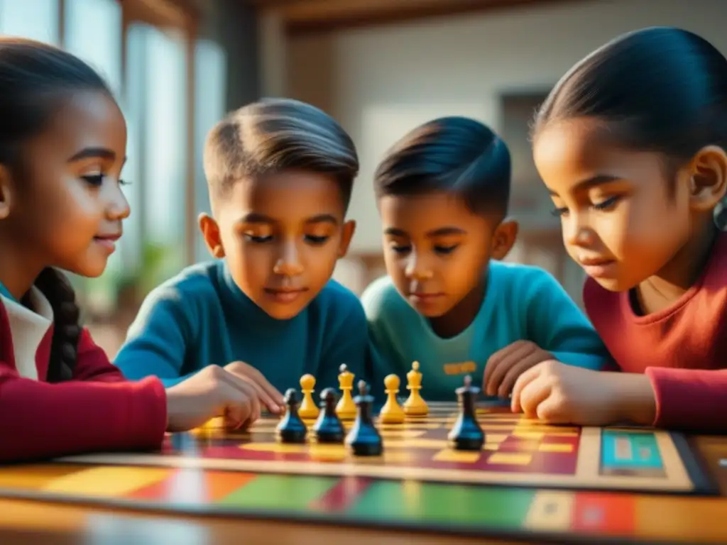 Niños diversos disfrutan de un juego de mesa, fomentando beneficios educativos y sociales