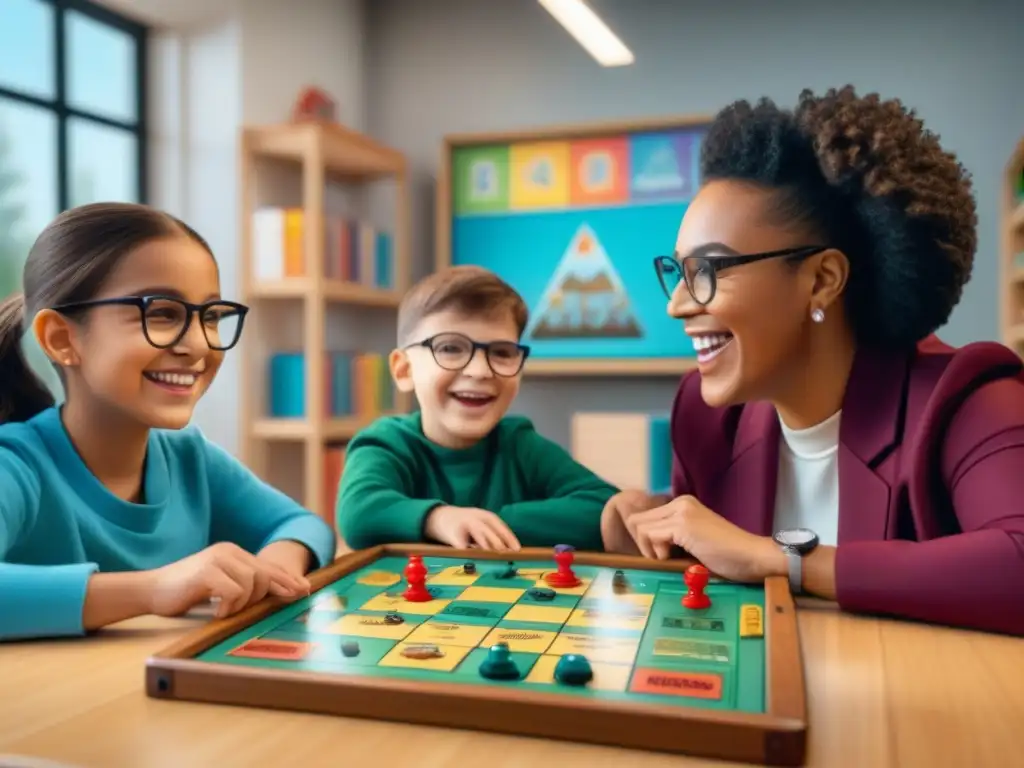 Niños diversos disfrutan de un juego de mesa en un aula inclusiva, fomentando el desarrollo de la inteligencia emocional