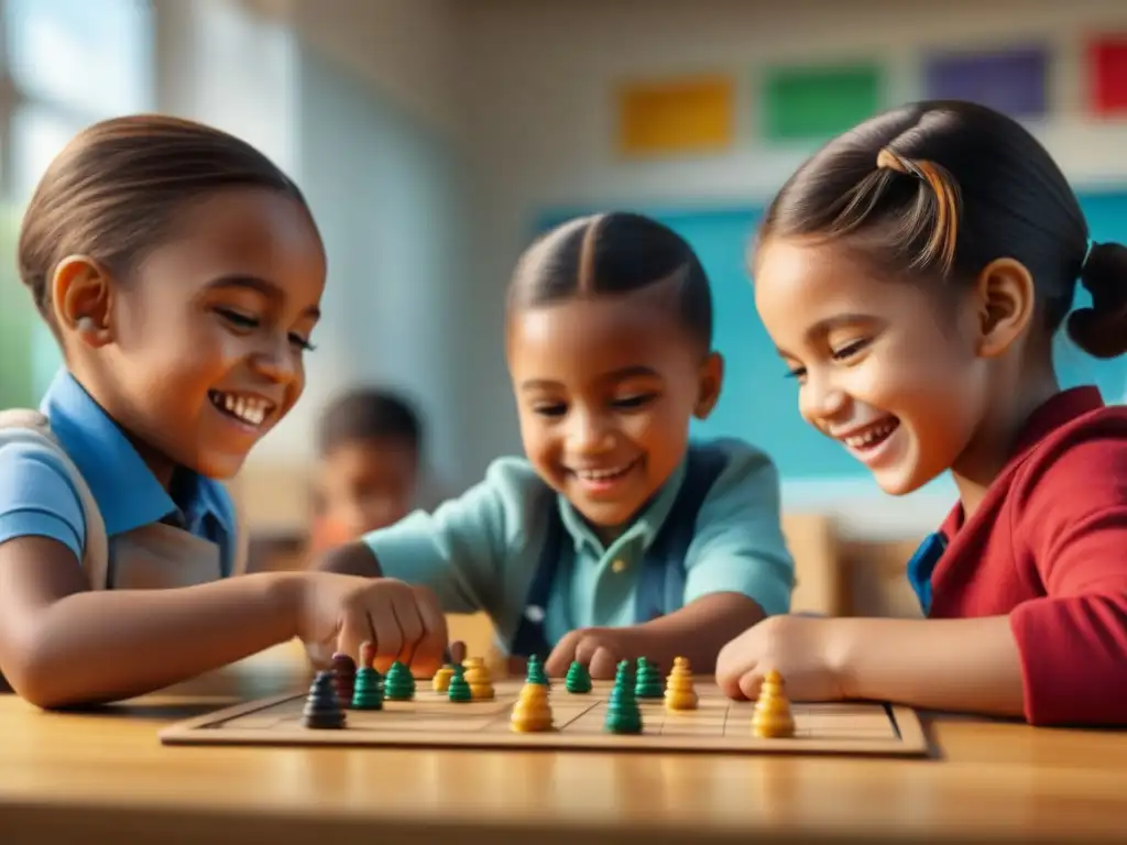 Niños diversos disfrutan de un juego táctil en mesa de madera en aula luminosa