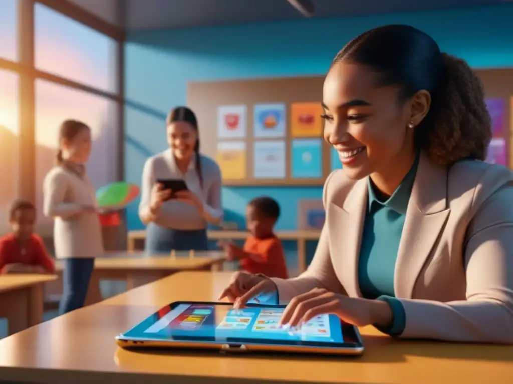 Clase educativa: niños felices aprendiendo con tablets Niños diversos disfrutan juegos educativos en aula moderna