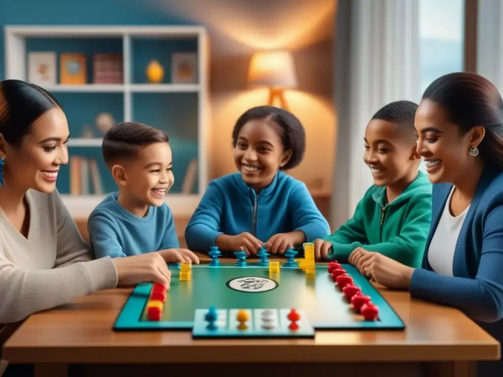 Niños de diversas edades y habilidades juegan juntos juegos de mesa inclusivos en una atmósfera cálida y participativa